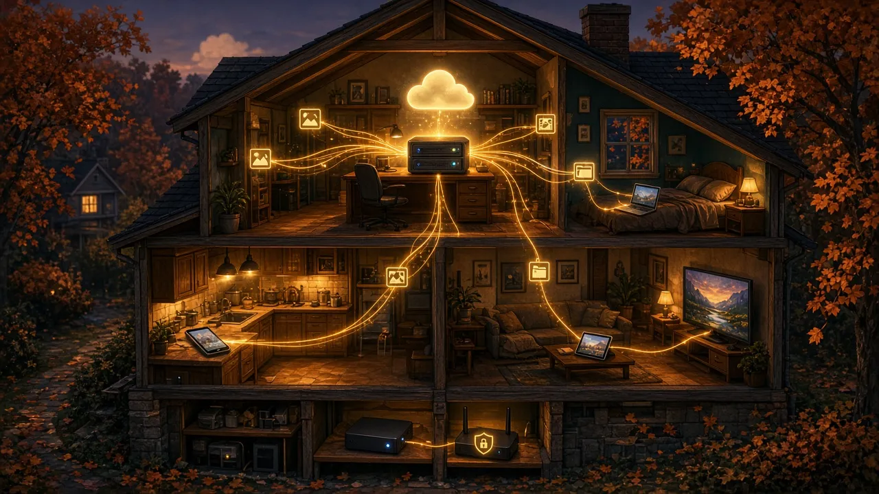 Couverture : une maison en coupe un soir d’automne, un NAS dans le bureau avec un petit nuage au-dessus, des fils lumineux vers téléphone, tablette, portable et téléviseur, un disque de sauvegarde séparé au sous-sol et un routeur avec cadenas