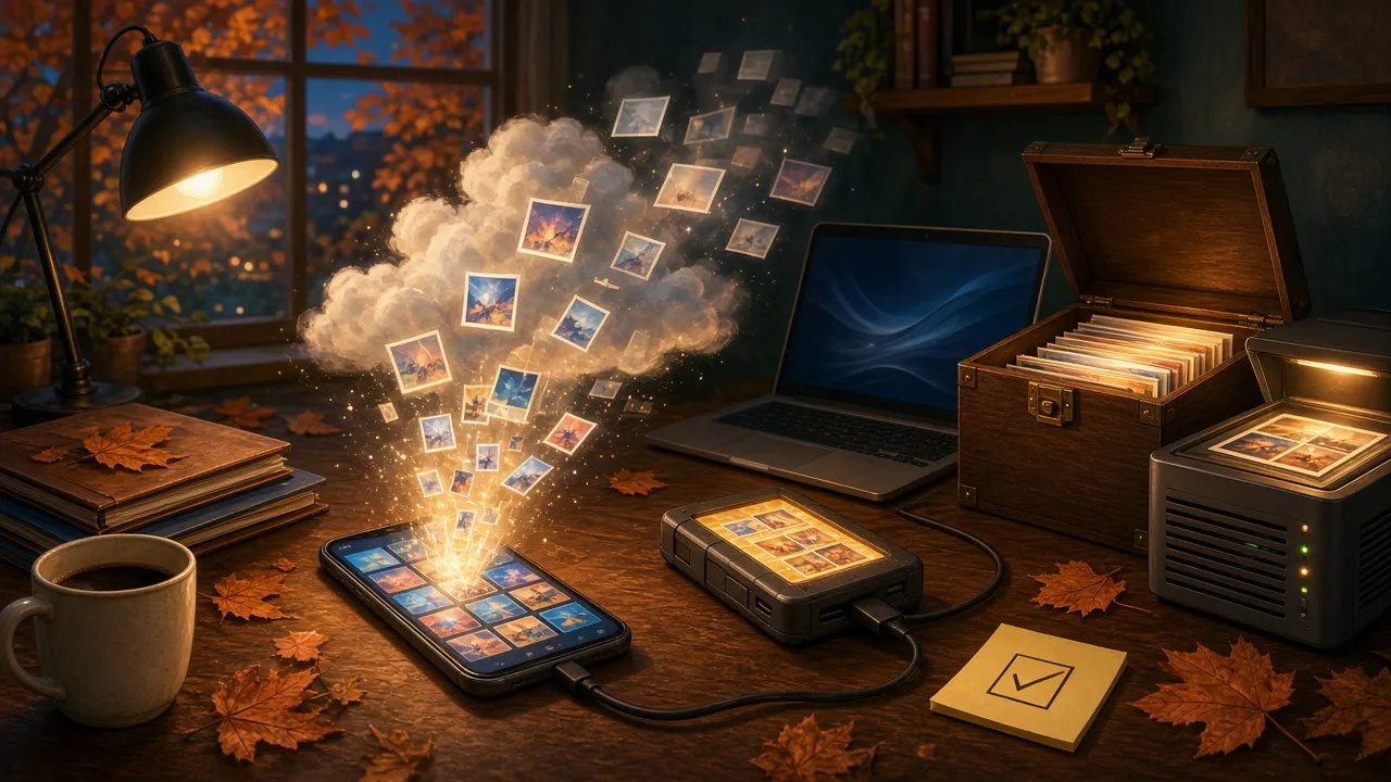 Couverture : des photos montent d’un téléphone vers un nuage, certaines s’échappent, et les mêmes photos sont à l’abri sur un disque externe, une boîte d’archives et un NAS