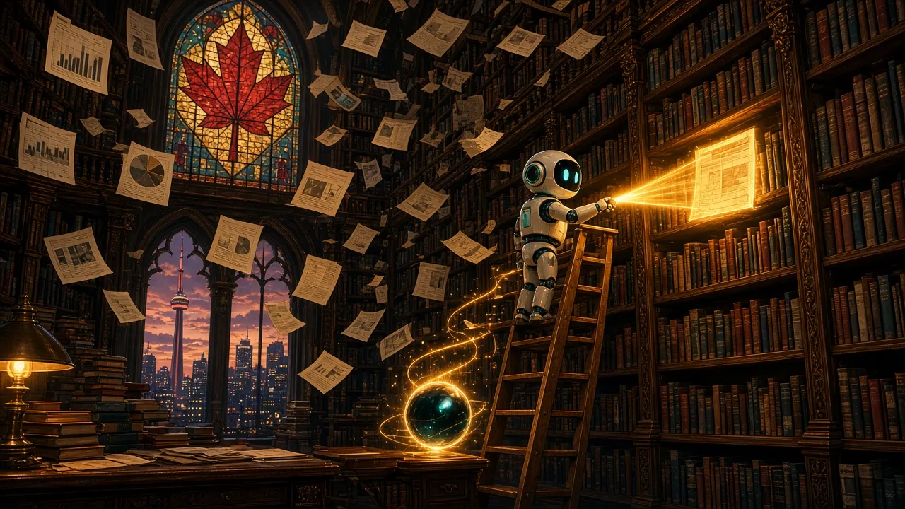 Illustration : un robot bibliothécaire dans une grande bibliothèque canadienne, avec des documents en vol