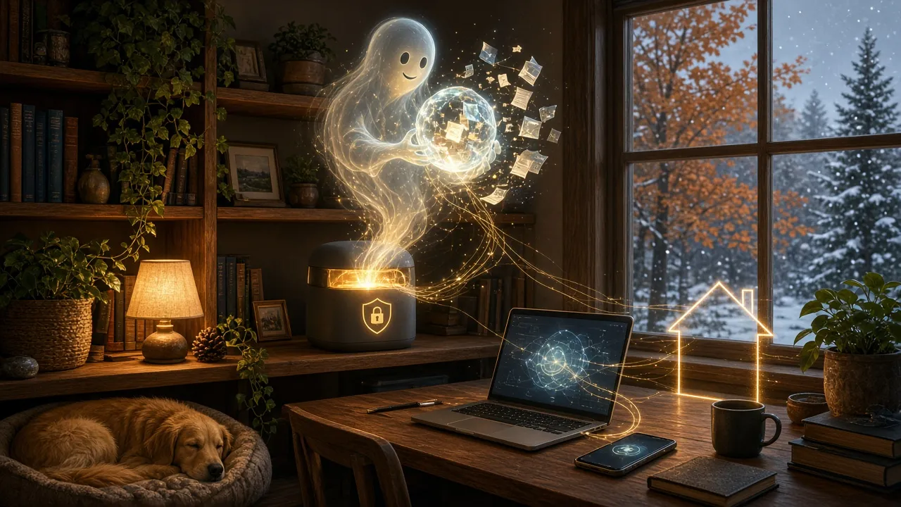 Couverture : un petit fantôme de lumière sort d’un ordinateur maison et tient une orbe de mémoire