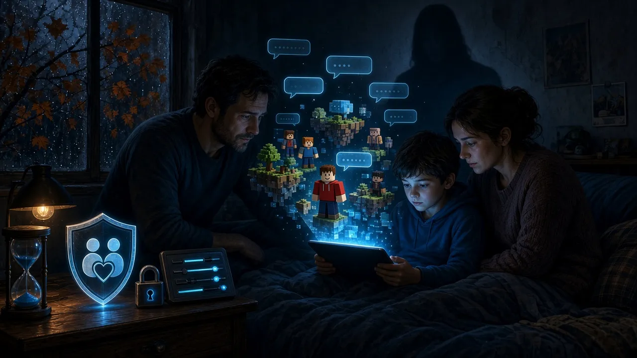 Des parents regardent la tablette de leur enfant un soir de pluie, tandis que l’ombre d’un inconnu se dessine derrière les personnages