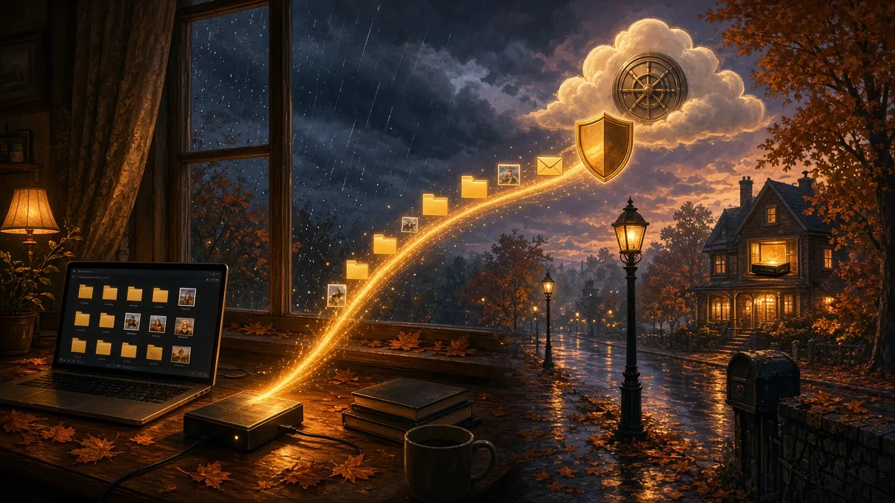 Couverture : un soir d’automne pluvieux, un flux doré de dossiers et de photos part d’un portable et d’un disque externe vers un nuage-coffre-fort dans le ciel, avec un bouclier et une maison avec NAS en arrière-plan