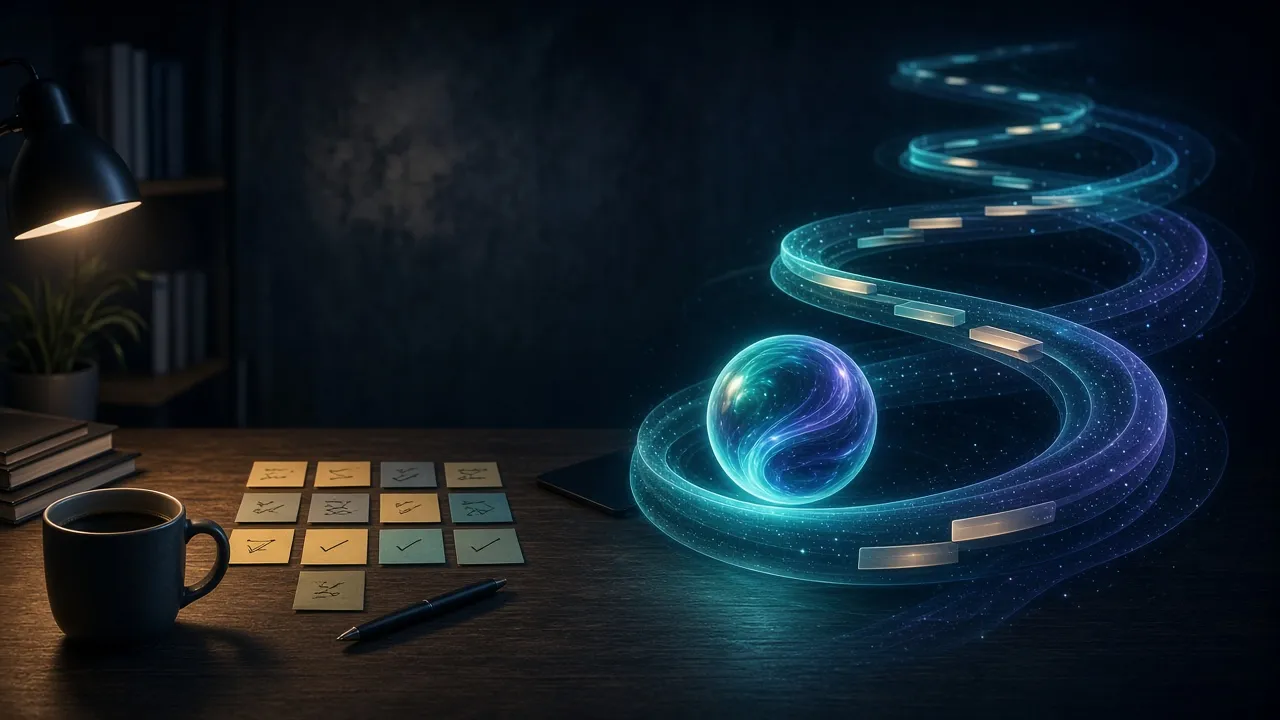 Illustration : un bureau la nuit et un long fil de lumière, comme un marathon de travail