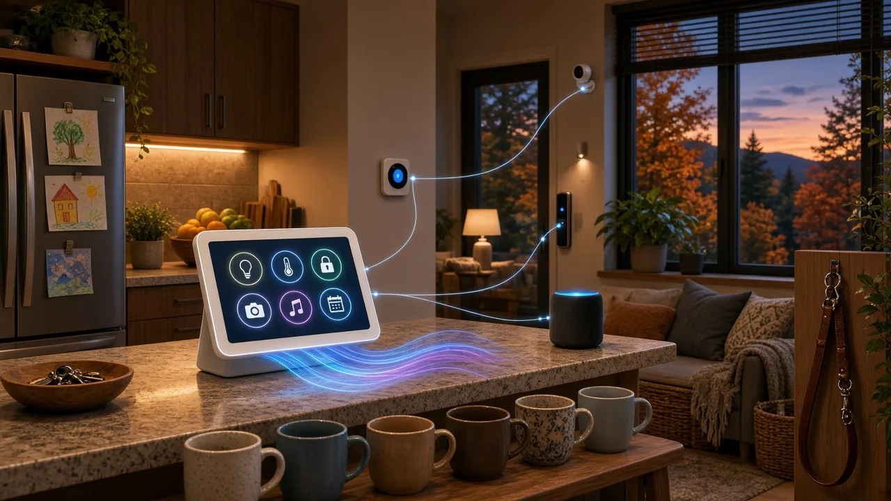 Couverture : un écran intelligent sur le comptoir d’une cuisine familiale relie le thermostat, la serrure, la caméra, le haut-parleur et les lampes