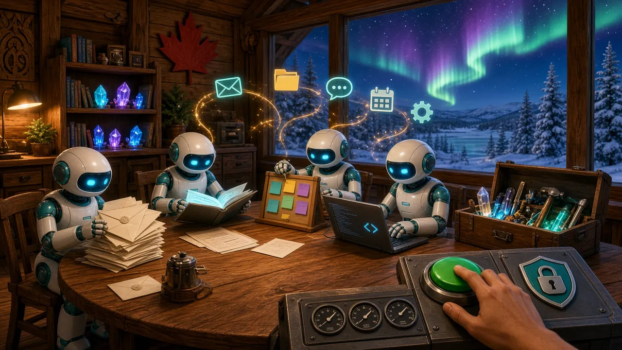 Illustration : robots travaillent autour dâune table dans un chalet canadien, avec un panneau de contrĂŽle sĂ©curisĂ©