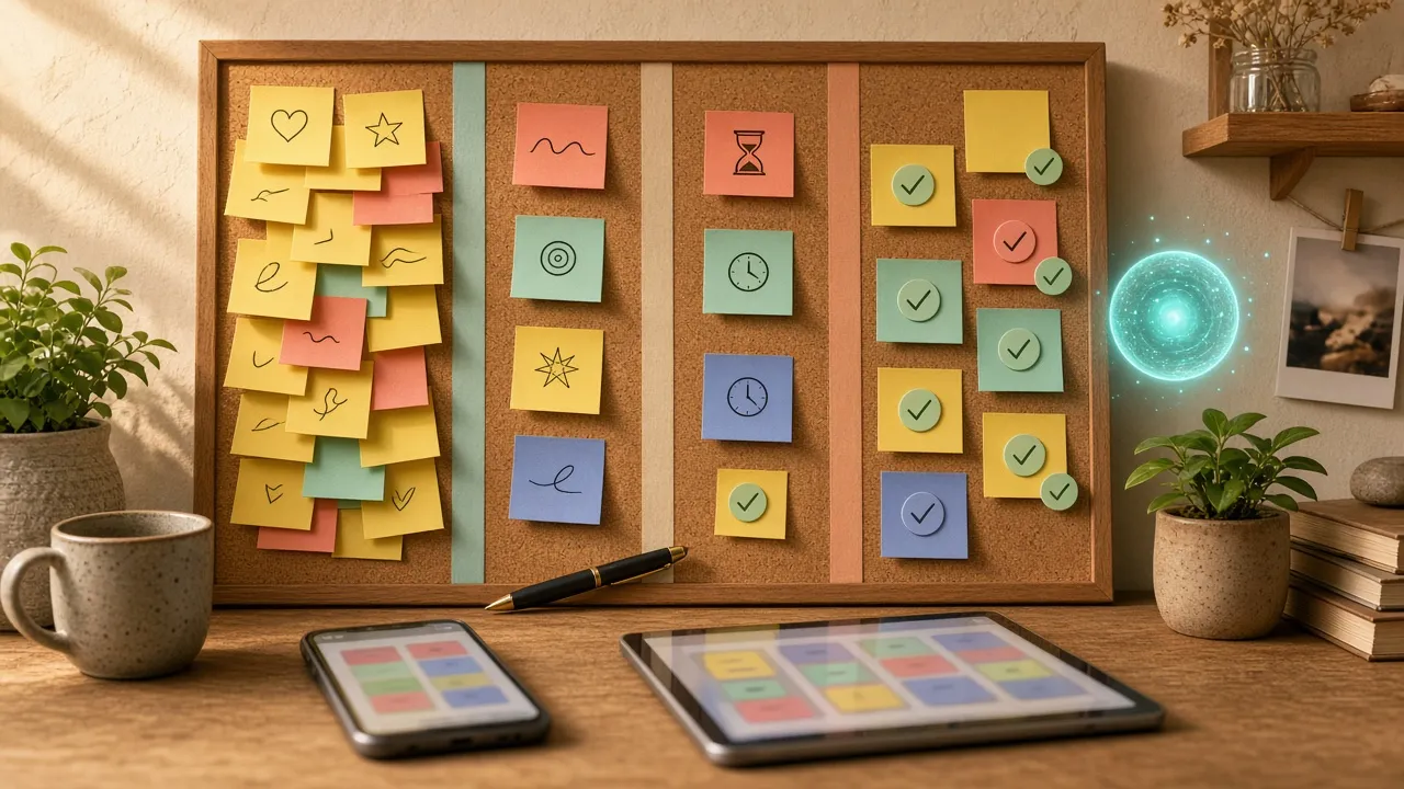 Mur Kanban numérique avec colonnes de tâches et appareil mobile
