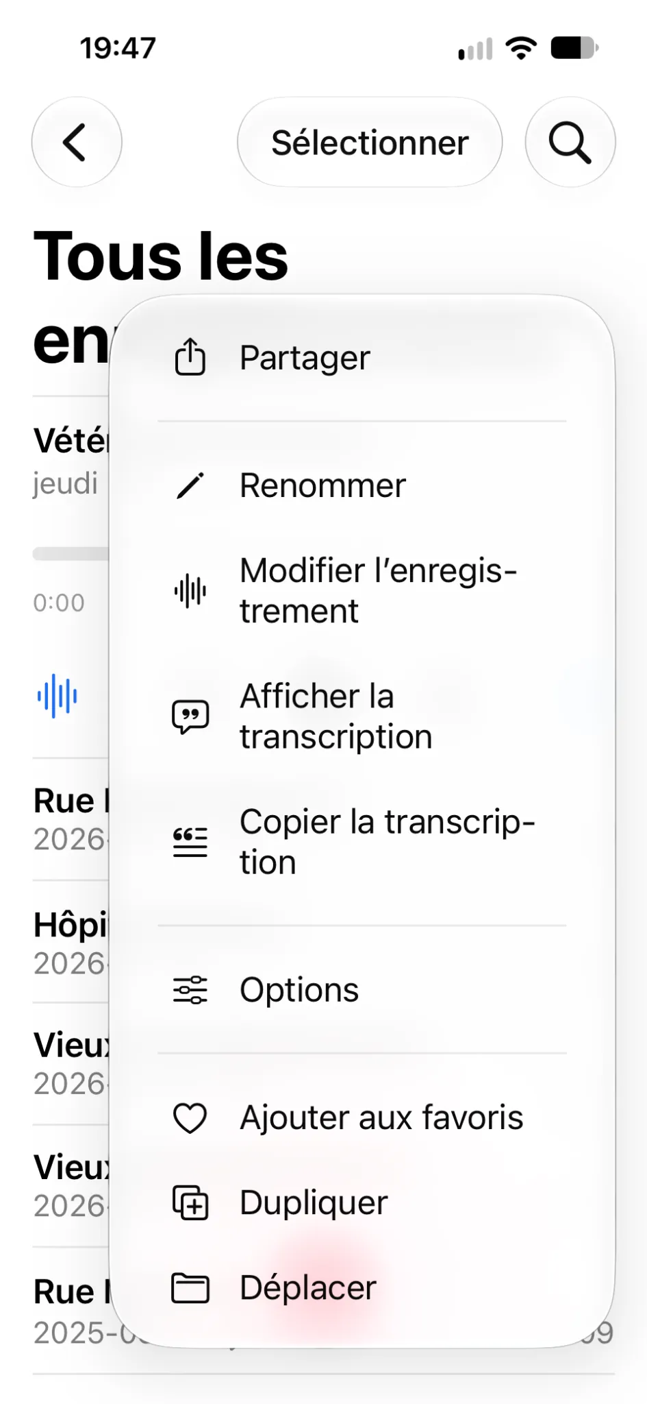 Menu Dictaphone : Afficher la transcription